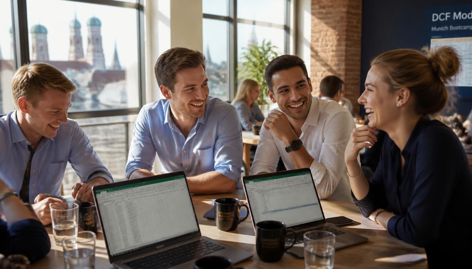 Financial Modelling Training München – Teilnehmer arbeiten gemeinsam an Excel-Modellen in lockerer Workshop-Atmosphäre